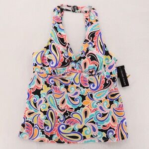 Island Escape Paisley Tankini Swim Top Womens Size 16W Halter Shelf Bra Pads NWT